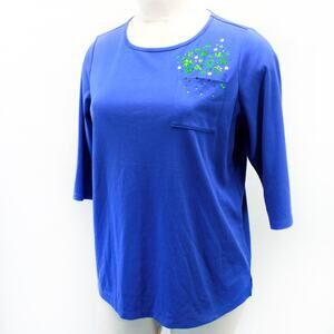 Quacker Factory Plus Blue Irish St. Patrick Clover Blouse Top Tunic Pocket 1X